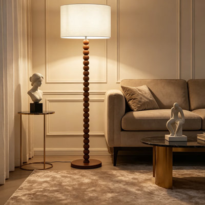 Lampe sur pied de style Mid-Century moderne avec mât en bois perlé et grand abat-jour en lin, lampe sur pied homologuée UL pour le salon, la chambre à coucher ou le bureau, ampoule non incluse