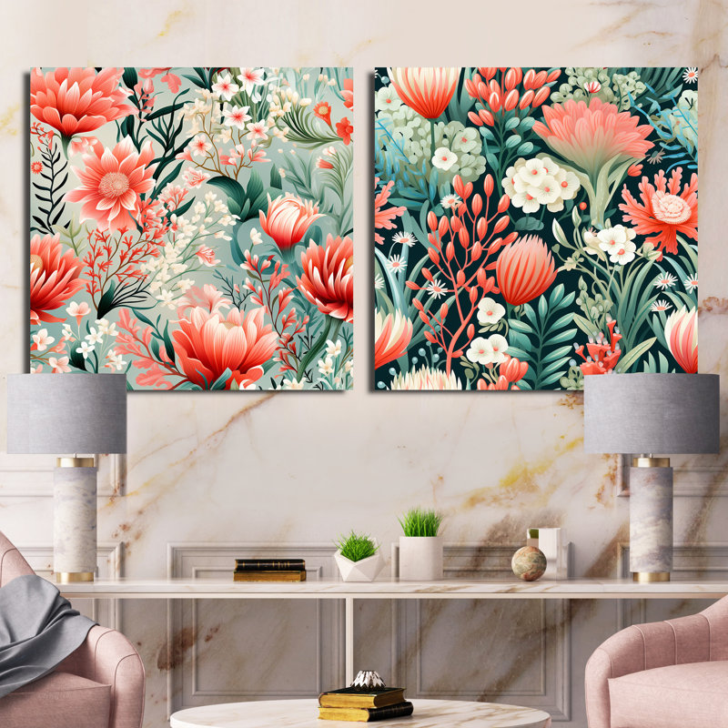 Natalina - Ensemble de 2 collages floraux carrés, H 36 po x l 73 po, Toile tendue