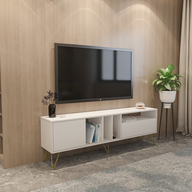 Modern White TV Stand with Gold Accents, 70.9 x 23.1 x 14 inches | 100% Melamine Coated Particle Board, Metal Legs, Multiple Shelves | Wall-Mountable, Additional Storage, Elegant Design for Living Room & Entertainment Spaces