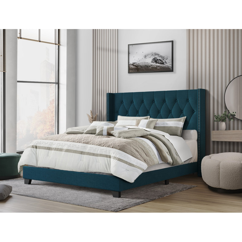 Amberlee Upholstered Wingback Bed, Twin, Blue
