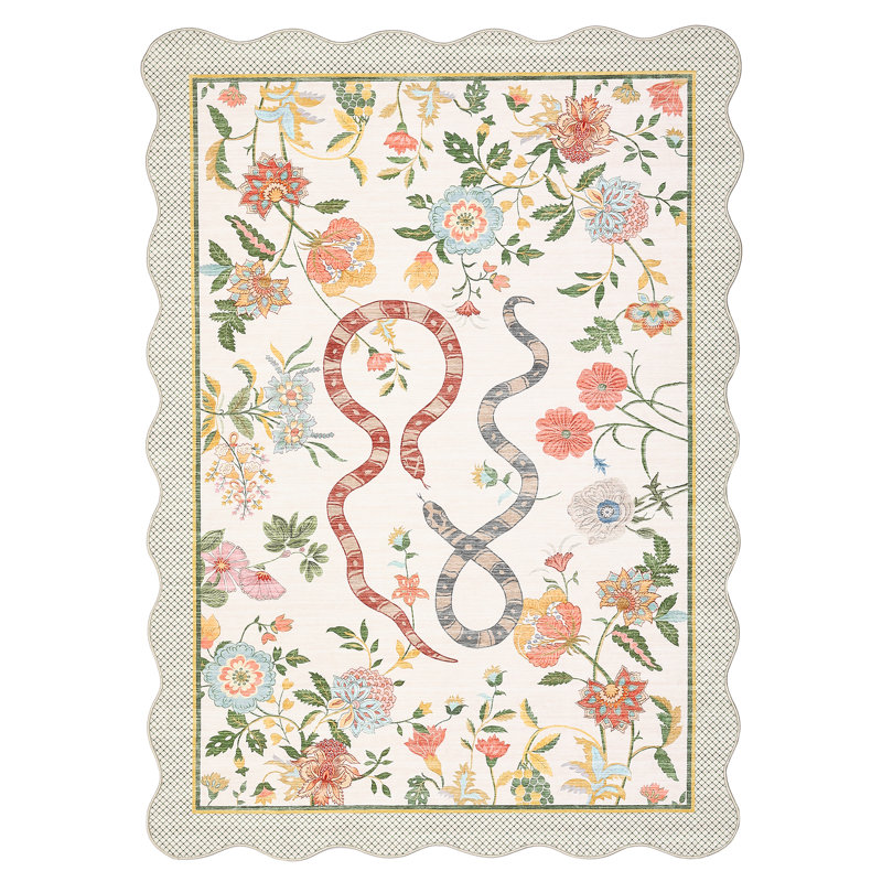 Farmhouse Floral Rug Washable Rug Non Slip Modern Scalloped Carpet, Soft Non Shedding Indoor Carpet, Low Pile Thin Foldable Printed Mat