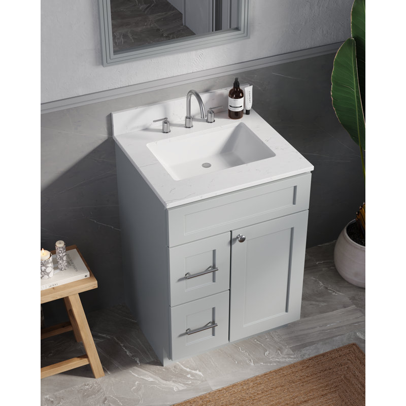 24'' Single Bathroom Vanity Solid Wood With Carrara Quartz Top, Gray