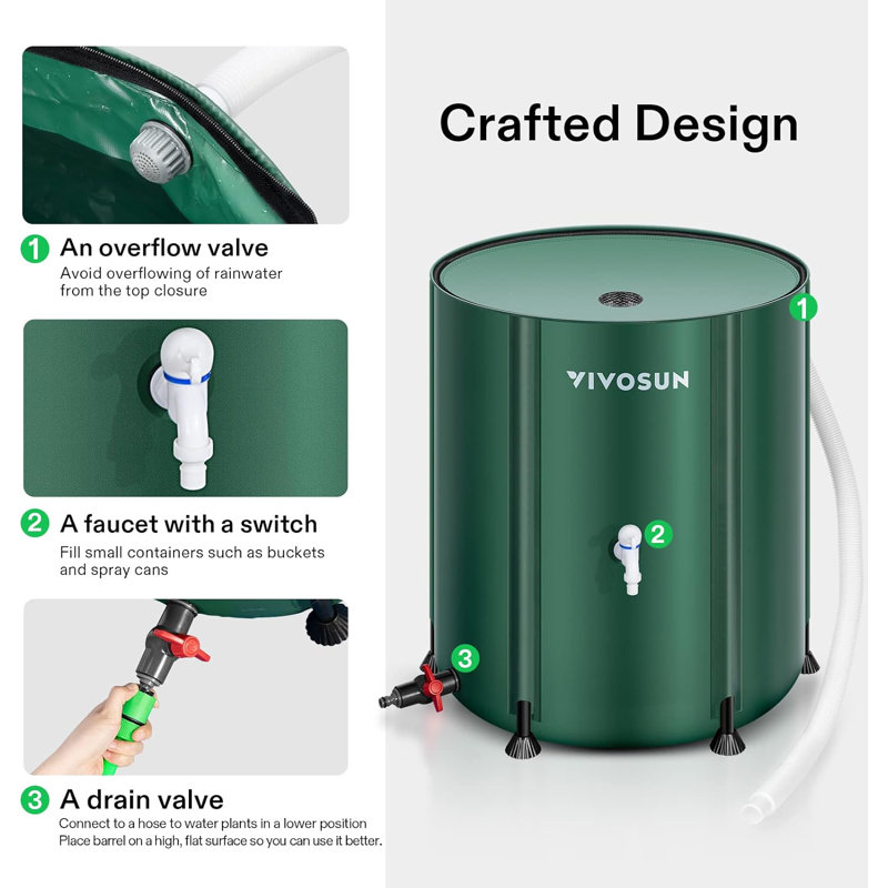 VIVOSUN Weather Resistant Polyvinyl Chloride (PVC) Drainable Rain Barrel and Hose, Green, 38.6" H x 31.5" W x 31.5" D