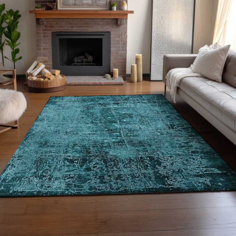 Premium Machine Washable Cerrito AMF559 Teal Rug, Rectangle 5' x 7'6"