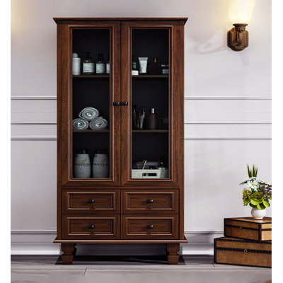 American Country Style Oak Bathroom Vanity with Glass Doors and Storage