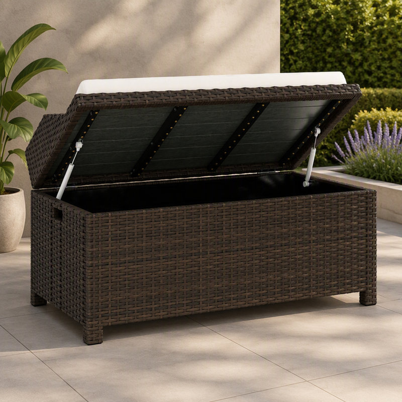 Banc de rangement extérieur en rotin en PE avec doublure imperméable et coussin moelleux