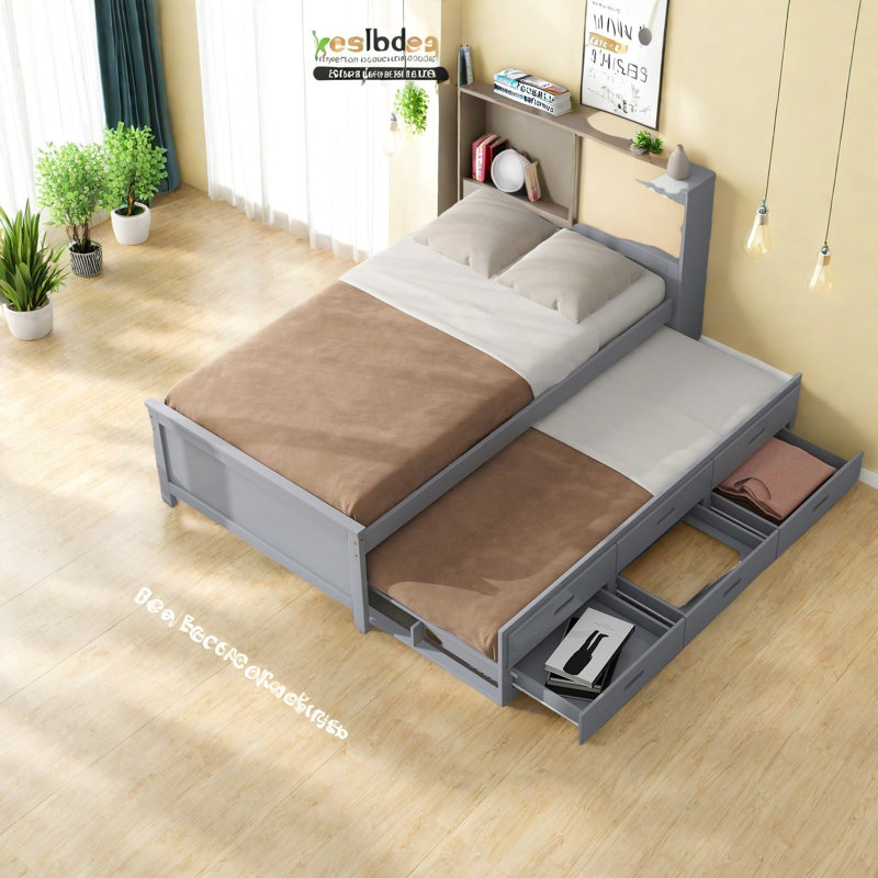 Lit plateforme moderne en bois avec rangement, USB, gigogne, gris