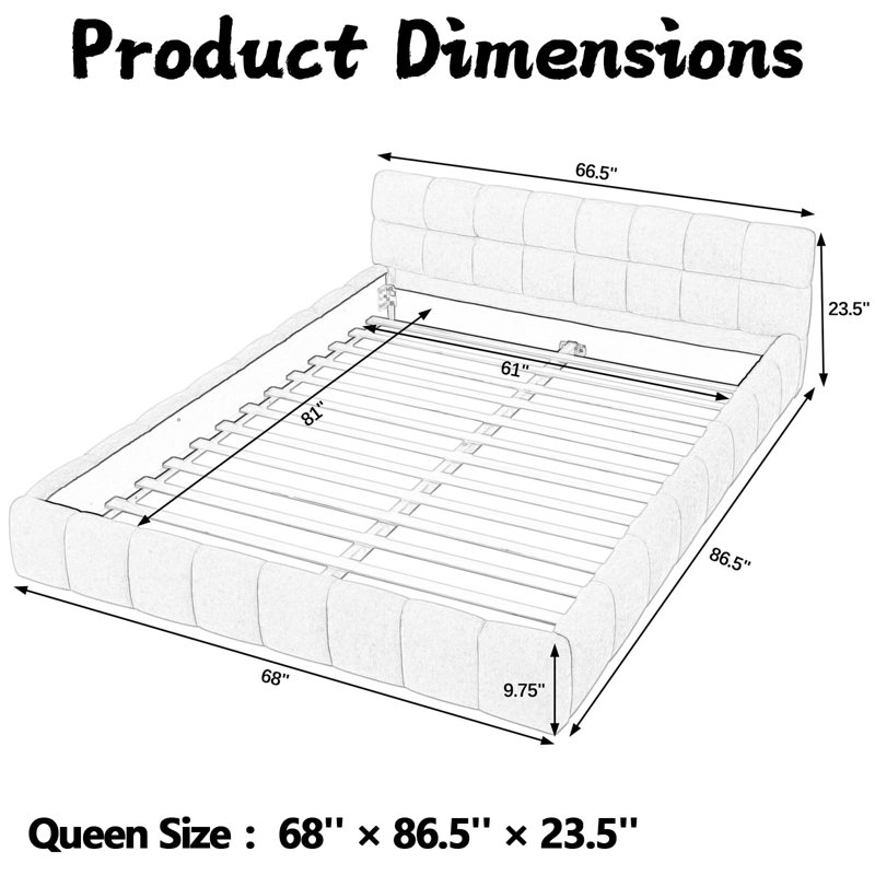 Queen Size Upholstered Bed Frame, Beige