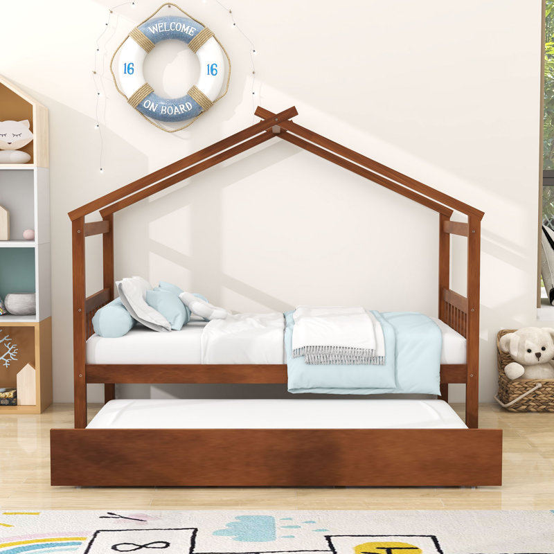 Lit en bois avec lit gigogne escamotable, Simple, Noyer