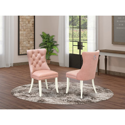 Chaises de cuisine Dallas Parson - Ensemble de 2 chaises de salle à manger capitonnées à boutons et garniture cloutée capitonnée beige et lin blanc brillant