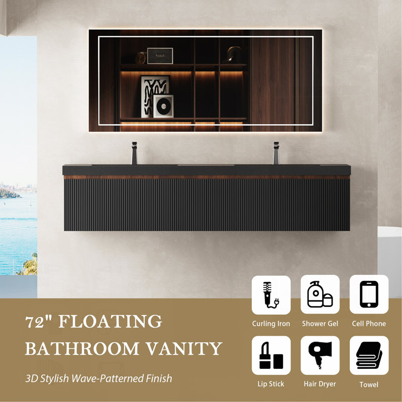 Meuble-lavabo mural 72 po avec lavabo flottant 72 po, Noyer / noir, Noir