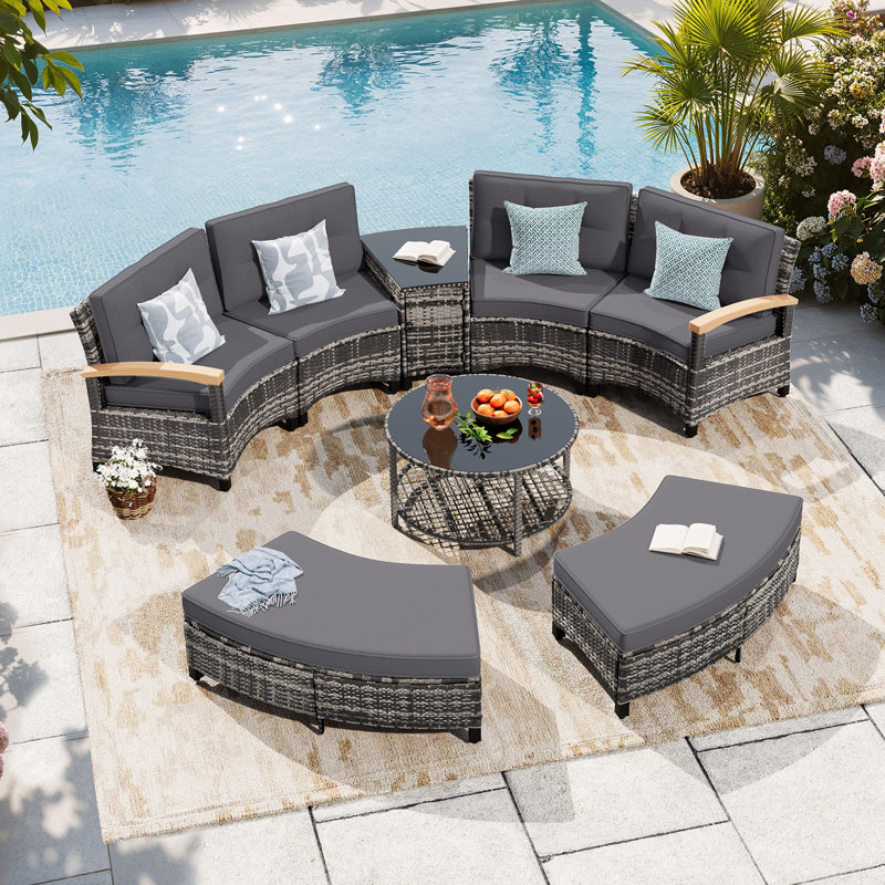 8 Piece Outdoor Patio Furniture Set, Half-Moon Curved Sectional Sofa Rattan Conversation Set With Wood Armrests, 2 Half-Moon Ottoman,Coffee Table & Side Table