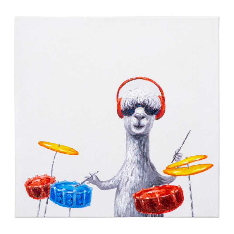 Charming Llama Playing Drums Canvas Wall Art, 20" x 20"