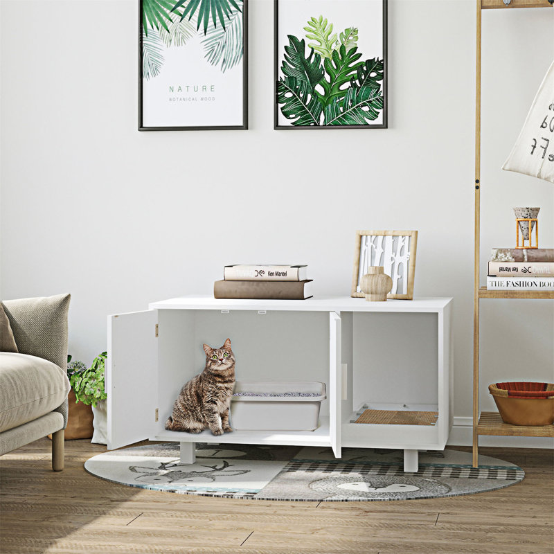 Table de bout en bois avec bac à litière et abri pour chat
