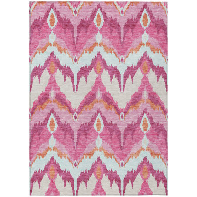 5' X 8' Pink Mauve And Orange Ikat Washable Indoor Outdoor Area Rug