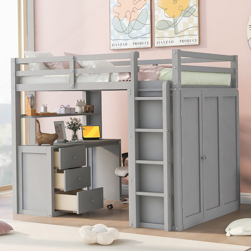 Lit mezzanine avec tiroirs, bureau et garde-robe, Gris