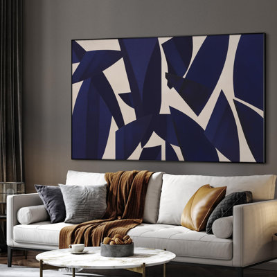 Extra Large Wall Art Fabric Print - Navy Geometric Leaf Abstract Contemporary Botanical Shapes Illustration Artwork Decor for Living Room or Bedroom - "Frame Assembly Required (Unfinished Frame)"