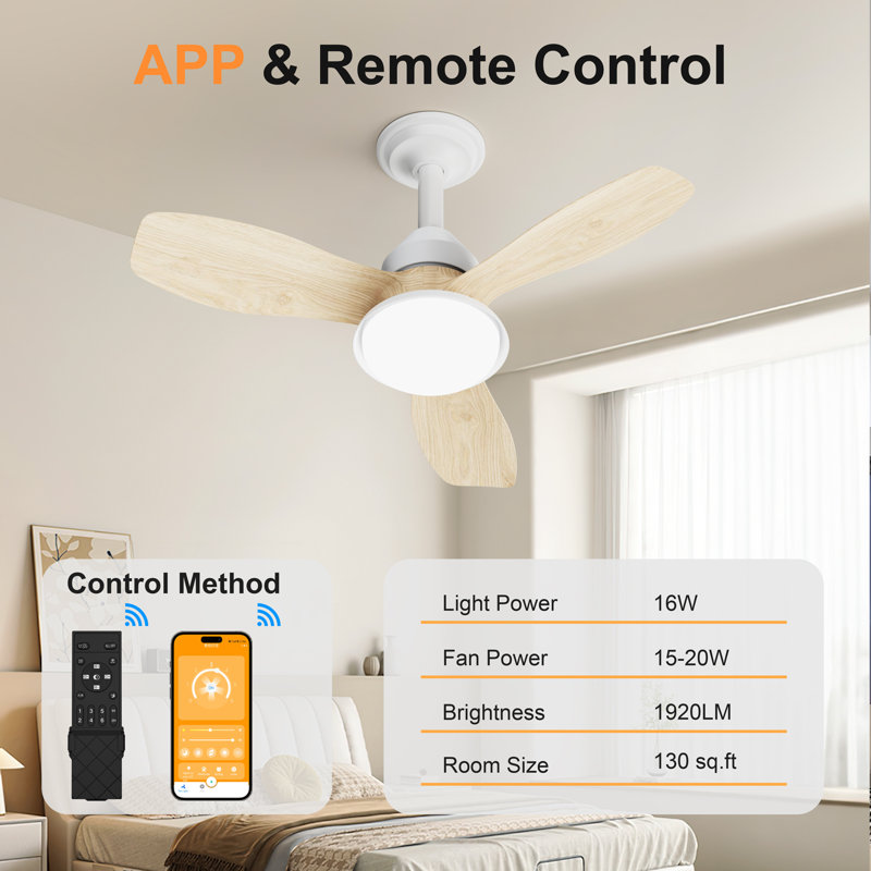 Ventilateur de plafond 24,4 po avec finition en bois avec lumière, 3 pales en ABS, moteur CC réversible à 6 vitesses, DEL à intensité variable 3000K-6500K, APP et télécommande, ventilateur encastré pour patio de salon de chambre à coucher