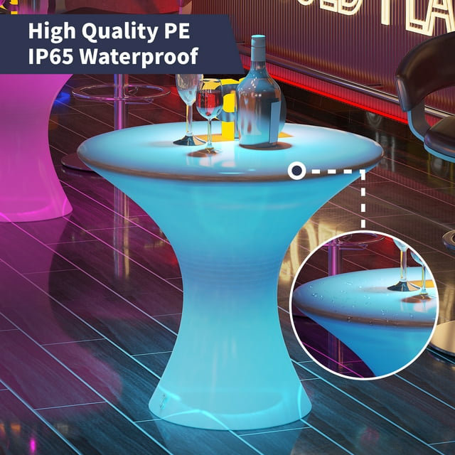 22.8" Slim Waist LED Color Changing Cocktail Table, Cordless Rechargeable Pub Table with Remote for Patio & Party