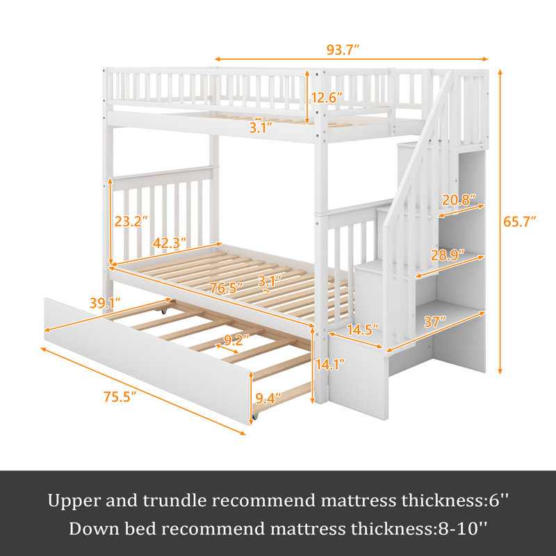 Twin Over Twin Bunk Bed With Trundle And Storage, White