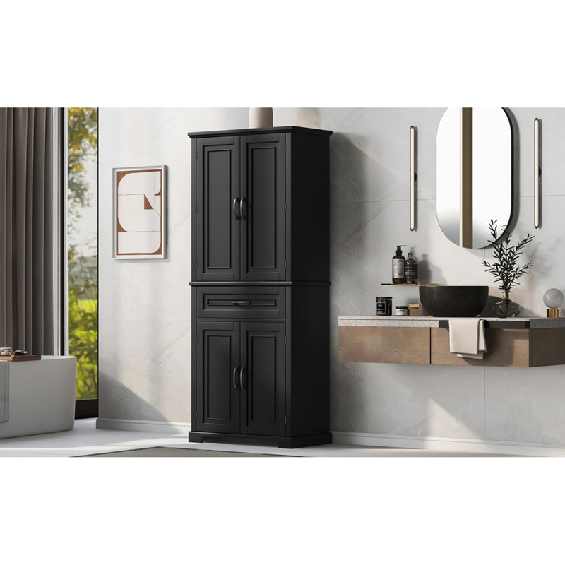 Armoire de salle de bain avec portes et tiroir - Tablette réglable noire, Noir