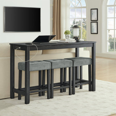 59 Inch Bar Table, Dining Table, Sofa Table With Power Outlet, 3 Upholstered Stools, 4 Piece Bar Table And Chair Set For Living Room, Dining Room, Kitchen
