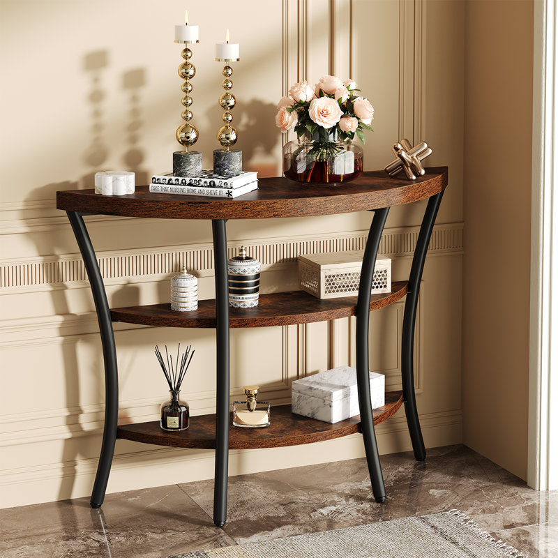 39.4" Console Table With Half Moon Wood Shelves, 3 Tier Modern Entryway Table With Curved Metal Frames, Narrow Sofa Couch Table For Hallway, Entrance, Living Room, Foyer, Rustic Brown