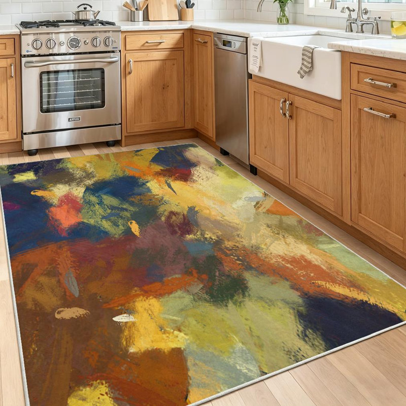 Brown Art Abstract Colors Orange Green Blue Painting Surface Machine Washable Indoor Area Rug, Rectangle 55" x 79"