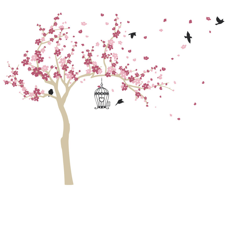 Décalcomanie murale Arbre en fleurs et oiseaux, Rouge à lèvres/rose, H 72 po x l 92 po x p 0,01 po