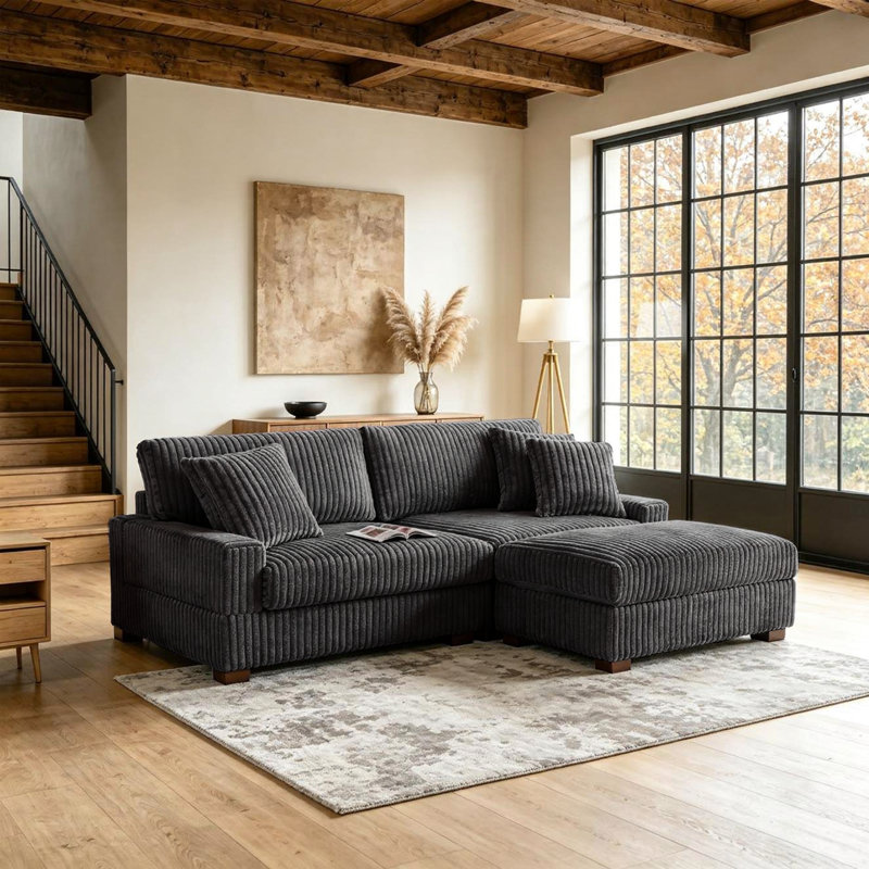 3 - Piece Upholstered Gray Faux Rabbit Fur Flannel Modular Sectional Sofa with Throw Pillows & Removable Ottomans
