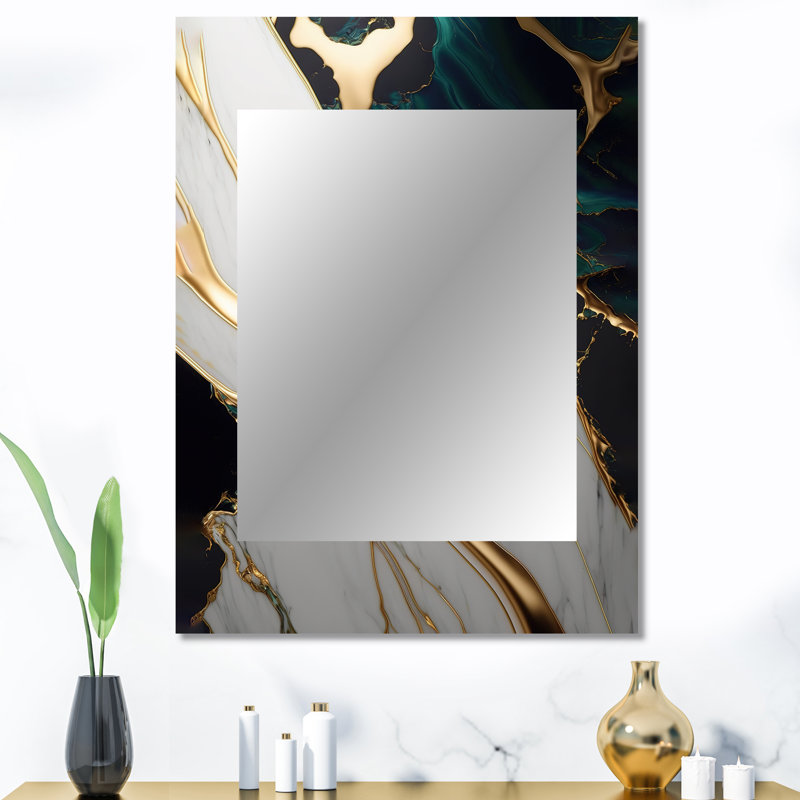 Abstract Geode Gold And Green Marble II - Marble Decorative Wall Mirror, Green Mirror, Printed Metal Art, 40" x 30"