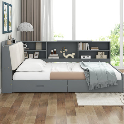 Lit plateforme en bois avec tablettes de rangement et 2 tiroirs