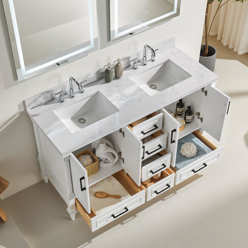 Ensemble de meuble-lavabo double autoportant 60 po avec 2 poignées entièrement assemblé