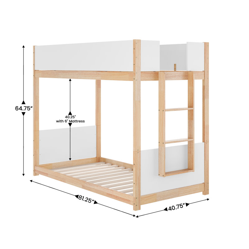 Convertible Solid Wood Bunk Bed Frame For Kids With Ladder, No Box Spring Needed, White