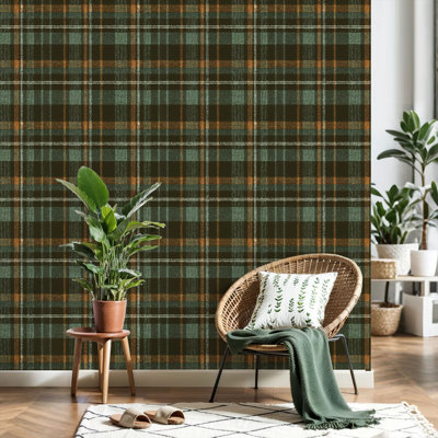 Peel and Stick Wallpaper Plaid brown green Herringbone seamless tartan check plaid for Contact Paper Removable Self Adhesive Wall Mural Wall Decor for Bedroom Kitchen Cabinets 24in x 118in