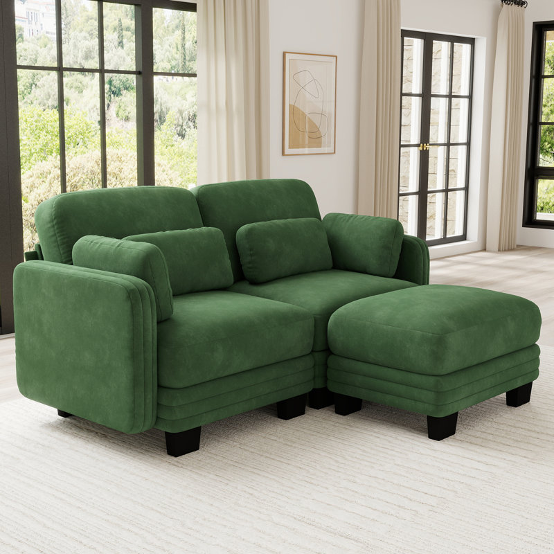 Causeuse en chenille, capitonnée, modulaire, 2 pièces, causeuse avec repose-pieds mobile, vert, coussins en mousse à haute résilience