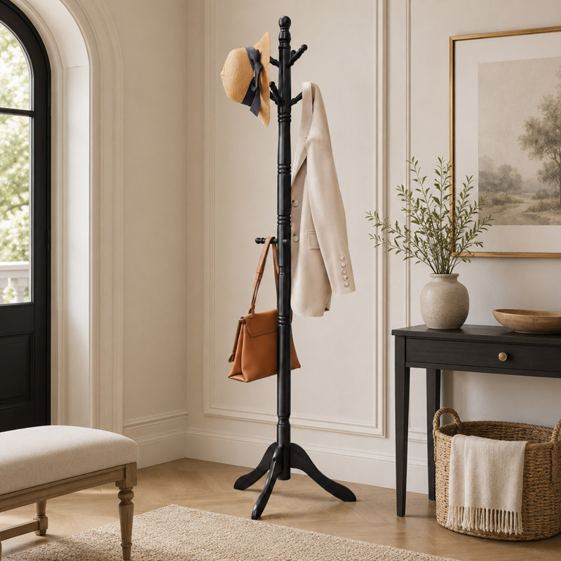 Solid Wood Coat Rack, 10 Hooks, Black, Black