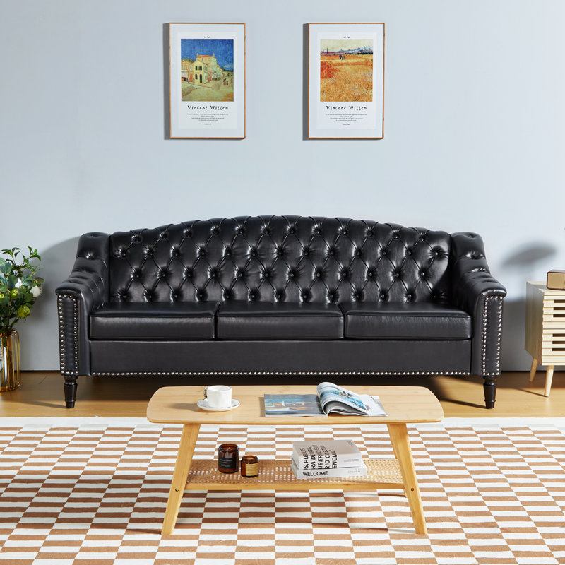Denishia 79.92'' Faux Leather Sofa, Black Faux Leather