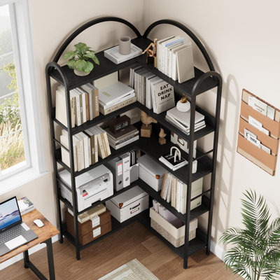 5-Tier l-Shaped Corner Bookshelf, Modern Industrial Bookcase with Arched Metal Frame, Open Wood-Metal Storage Shelves
