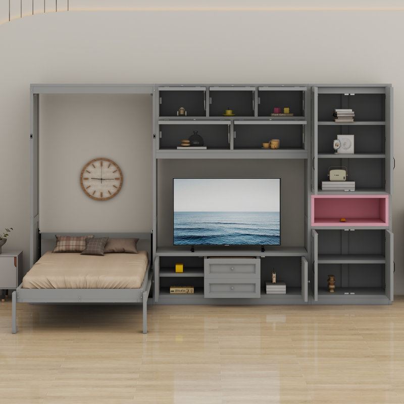 Lit escamotable en bois avec meuble télé, 2 tiroirs, tablettes et armoires, Gris