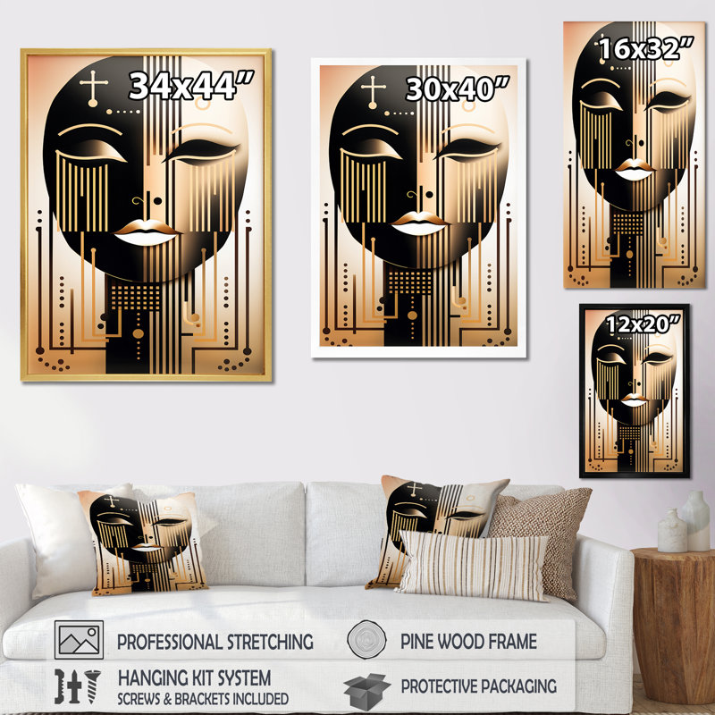 Masque Elgant en or et noir - imprimé, Cadre flottant doré, 32" H x 16" W