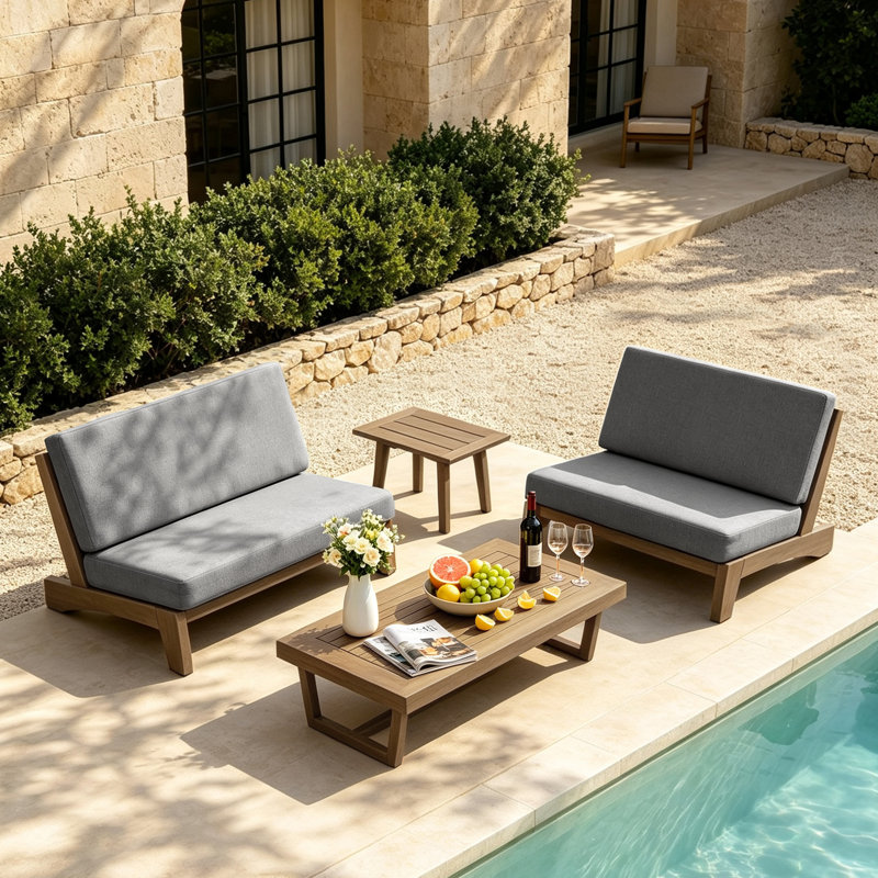 Ensemble de conversation Polett, 4 pièces: 2 tables, 2 causeuses, Gris, Brown