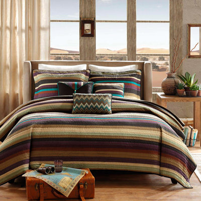 Courtepointe réversible avec coussins décoratifs, microfibre, rayures exquises dans les tons de bleu sarcelle et de terre, microfibre double / grand, réversible, literie à rayures Zig Zag envoûtante