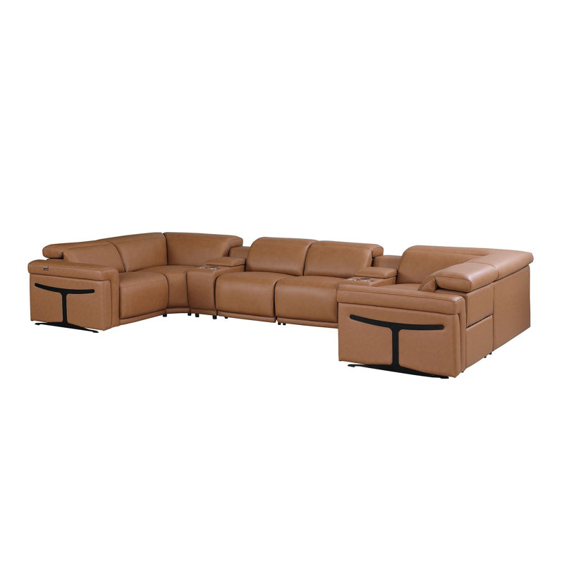 Canapé modulaire inclinable électrique en U en cuir de châtaignier italien avec console