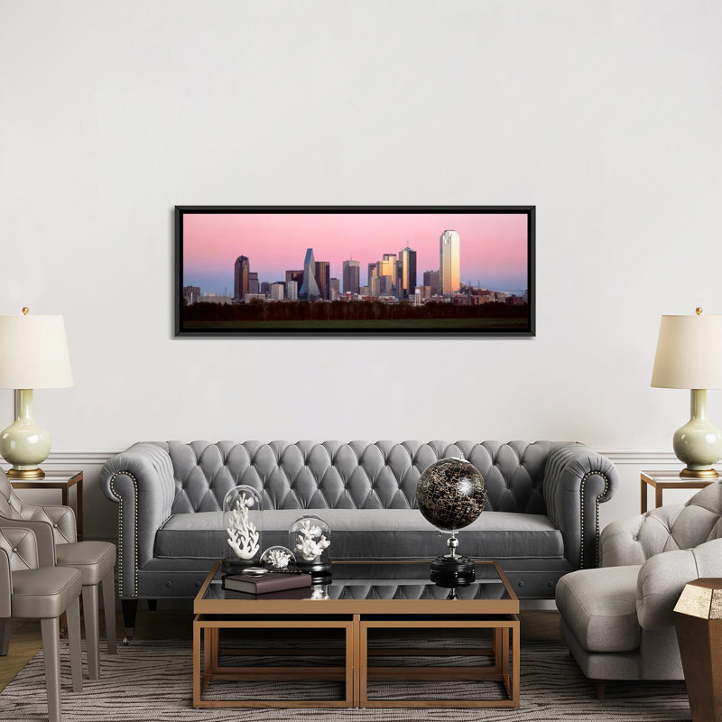 Reproduction de photo sur toile panoramique twilight dallas, texas, H 24 po x l 72 po x P 1,5 po, Cadre noir