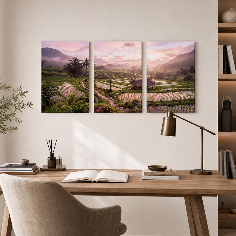 Ensemble de 3 toiles murales représentant des rizières brumeuses sous un ciel rose, 24"H x 16"W x 3pcs
