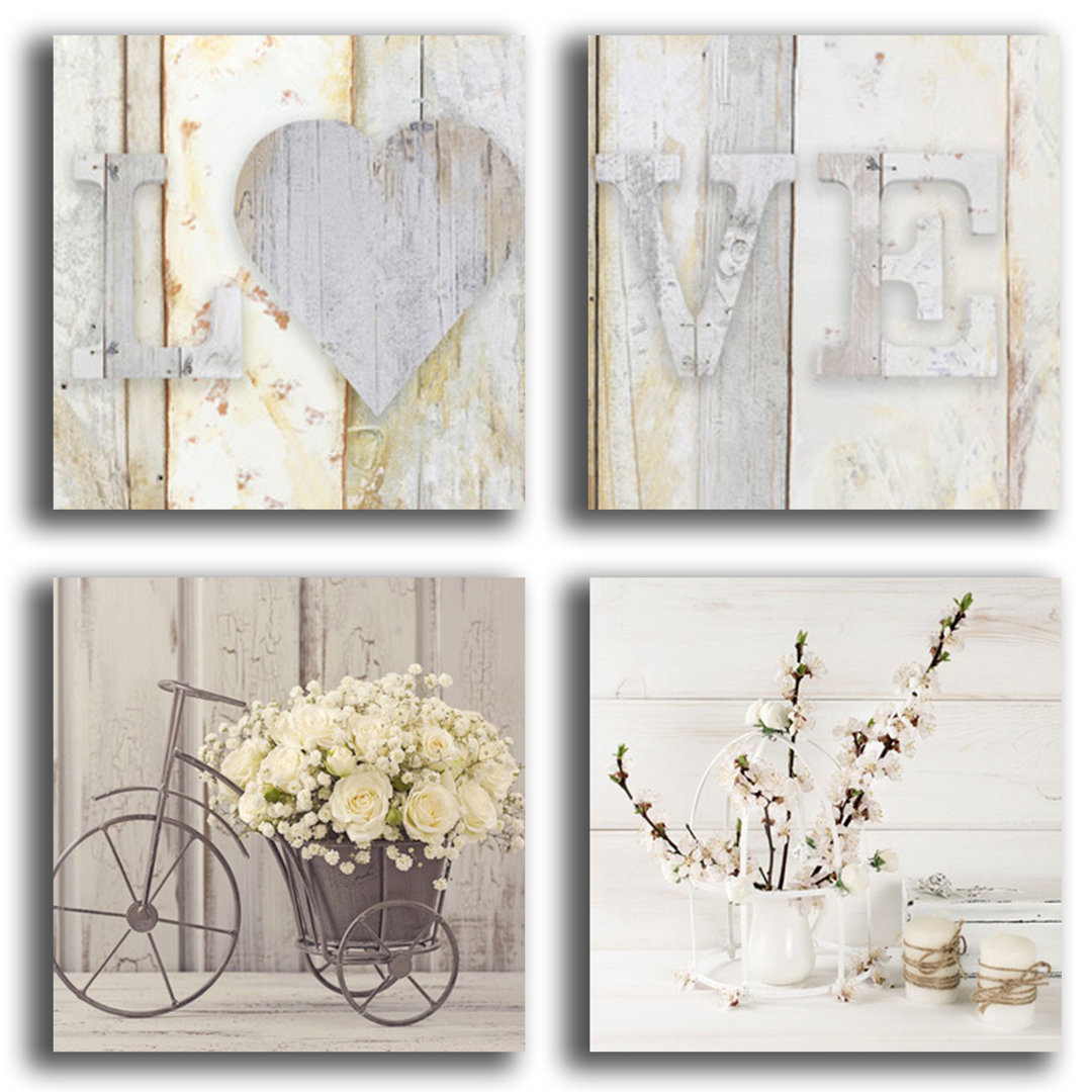 Shabby Elegance Home Love - 4-teiliges Gemäldeset aus gewickelter Leinwand