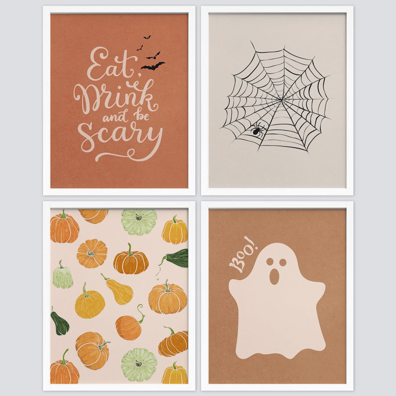 «Spooky Ghost Halloween Pumpkin Harvest Spiderweb», impression sur papier 4 pièces, H 16 po x l 12 po, Blanc
