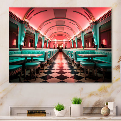 «Pink Nostalgic Tunes Fast Food 1960S Diner - Jukeboxes», art mural en métal MT134917