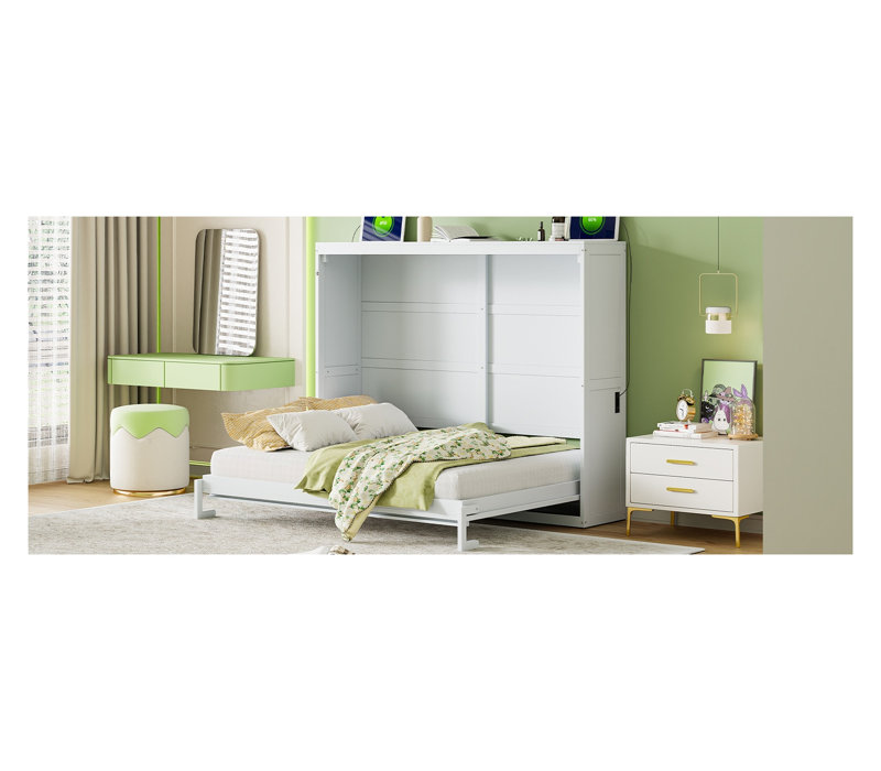 Grand lit escamotable mural avec accents en rotin - Armoire compacte blanche pour bureau à domicile et chambre d'amis